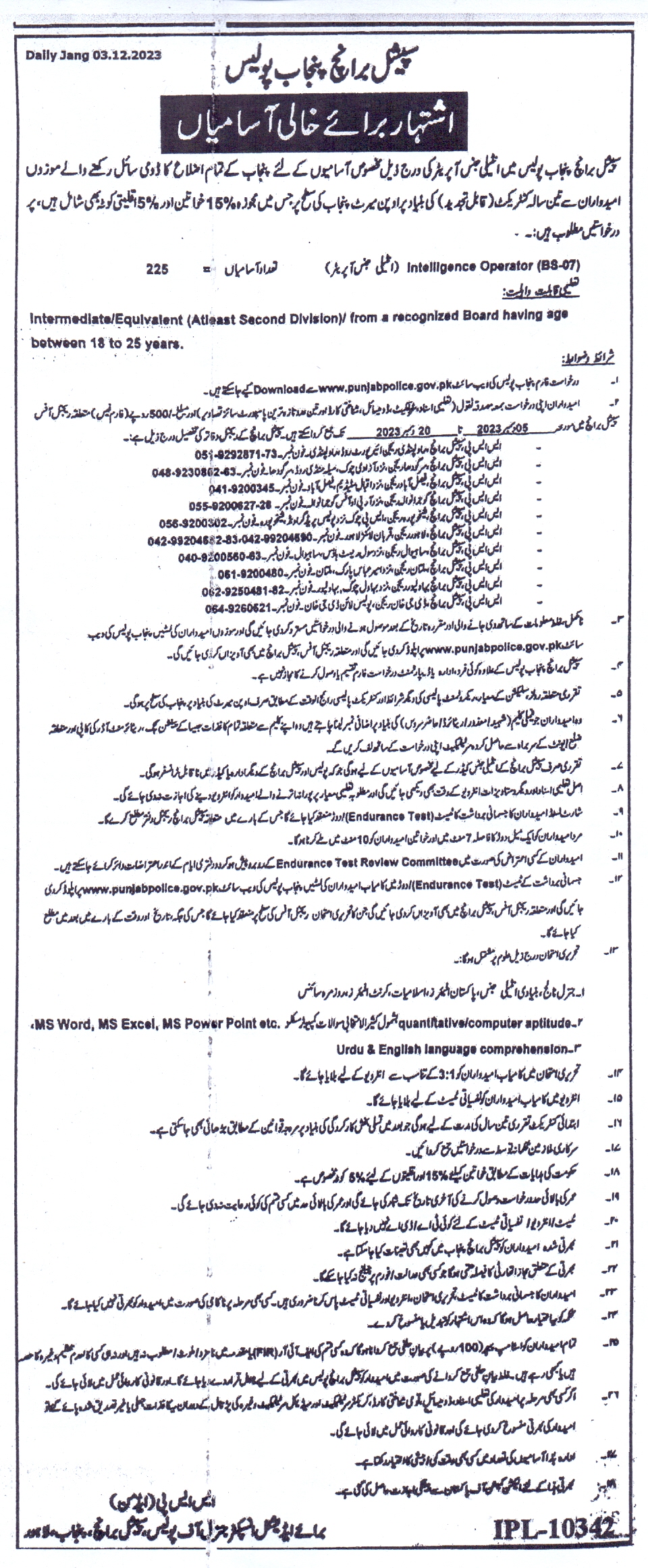 Punjab Police Special Branch Jobs 2024