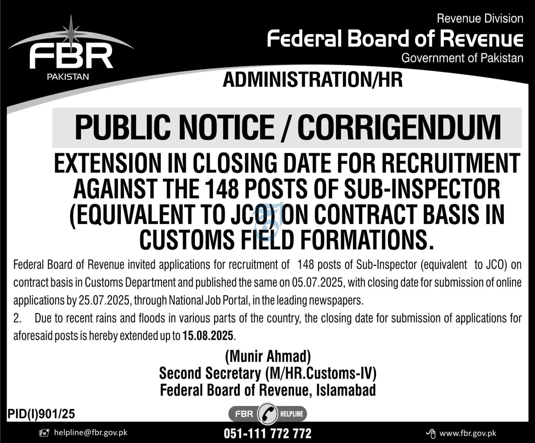 FBR Custom Sub-Inspector Jobs 2025 Last Date Extended