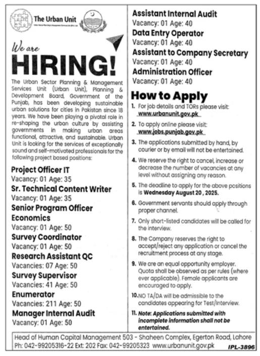 Urban Unit Jobs 2025 Official Advertisement